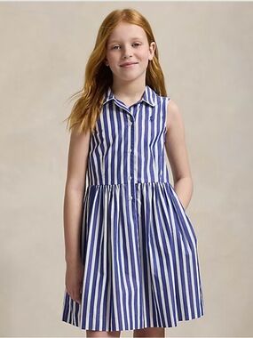 Ralph Lauren Girls Sleeveless Blue and White Striped Cotton Shirt Dress 12